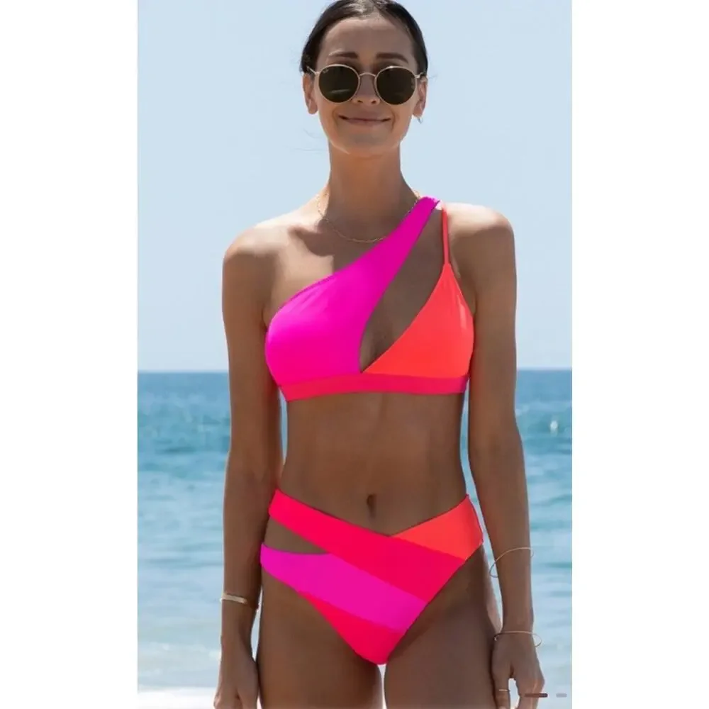 Popvil Swim Bikini Set Colorblock Asymmetric Swimwear Beach Summer